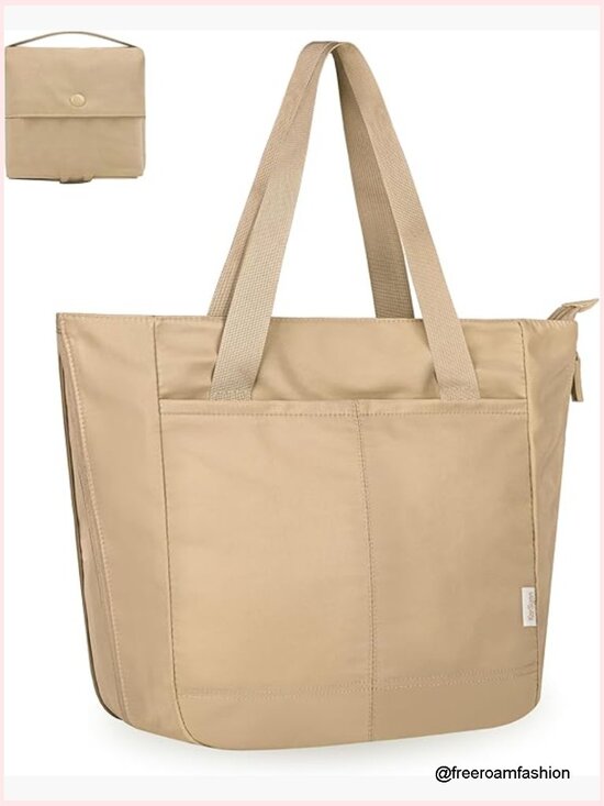 Handbags - Large Foldable Tote Bag with Tumbler Holder for Work Travel School